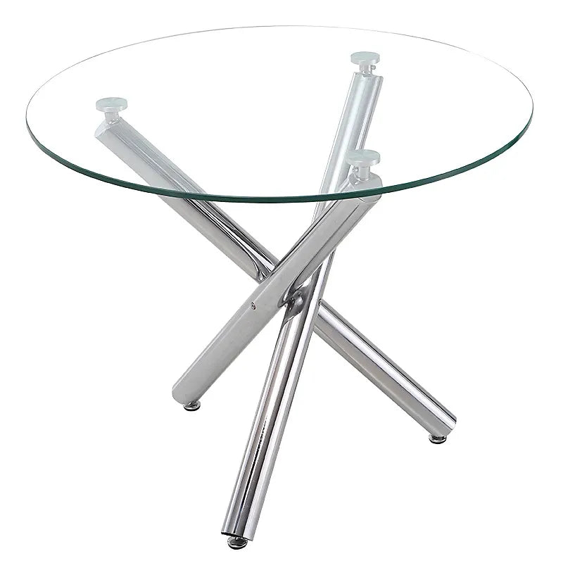 Modern Round Glass Dining Table Chrome Cross Base For Four-Furniture Kingdom